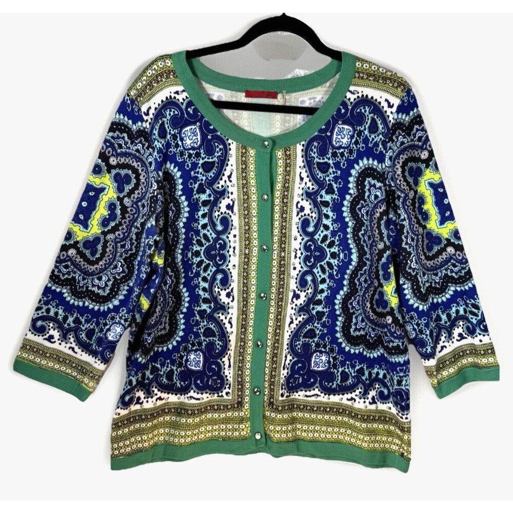 Unbranded Cardigan‎ Women XL Blue Green Light Paisley Scoop Neck Button Front